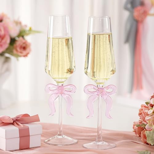 Funnymoom 2 Pack Bow Wine Glasses Pink Bow Clear Champagne Glasses 7.5 oz Delicate and Elegant Pink Coupe Decorative Coquettish Container for Weddings Birthdays High-end Crystals | Amazon (US)
