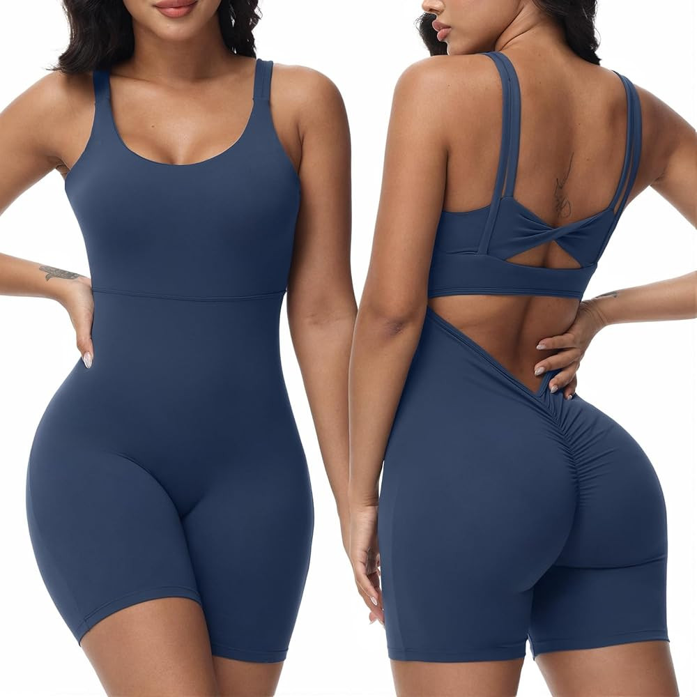 Wenlia Women's One Piece Jumpsuit Sleeveless Short Bodycon Rompers Back Knotted Yoga Workout Body... | Amazon (US)