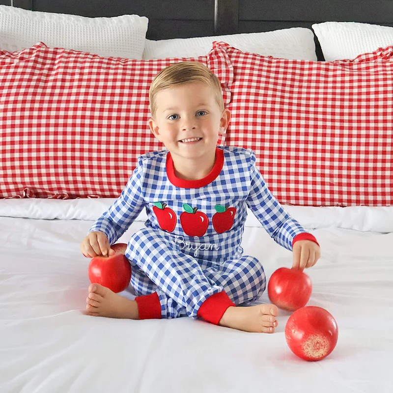 Apple Trio Royal Blue Gingham Pajamas | Classic Whimsy