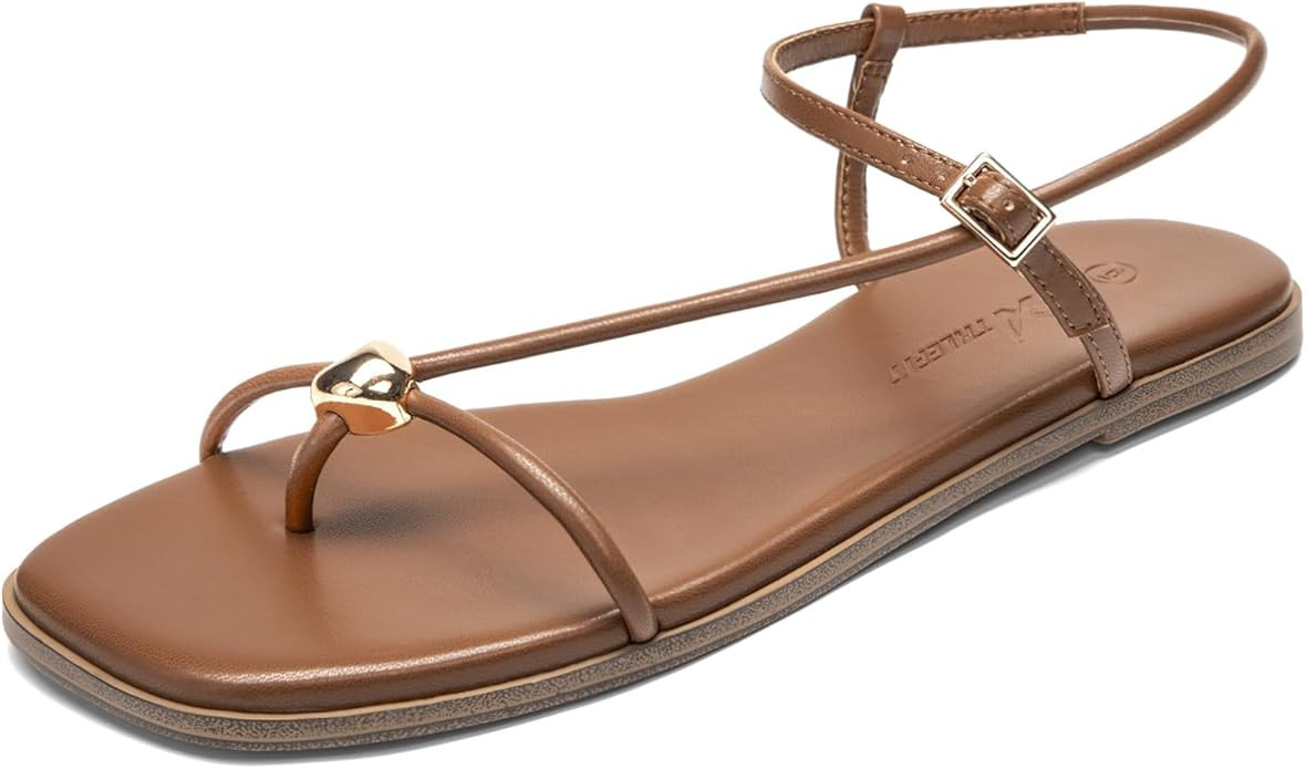 Athlefit Strappy Flat Sandals for Women Square Open Toe Comfortable Ankle Strap Beach Thong Flip ... | Amazon (US)