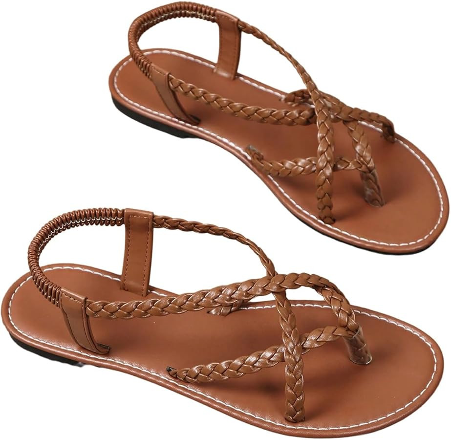 Verdusa Women's Flat Sandals Strappy Dressy Ankle Strap Casual Summer Thong Sandals for Beach | Amazon (US)