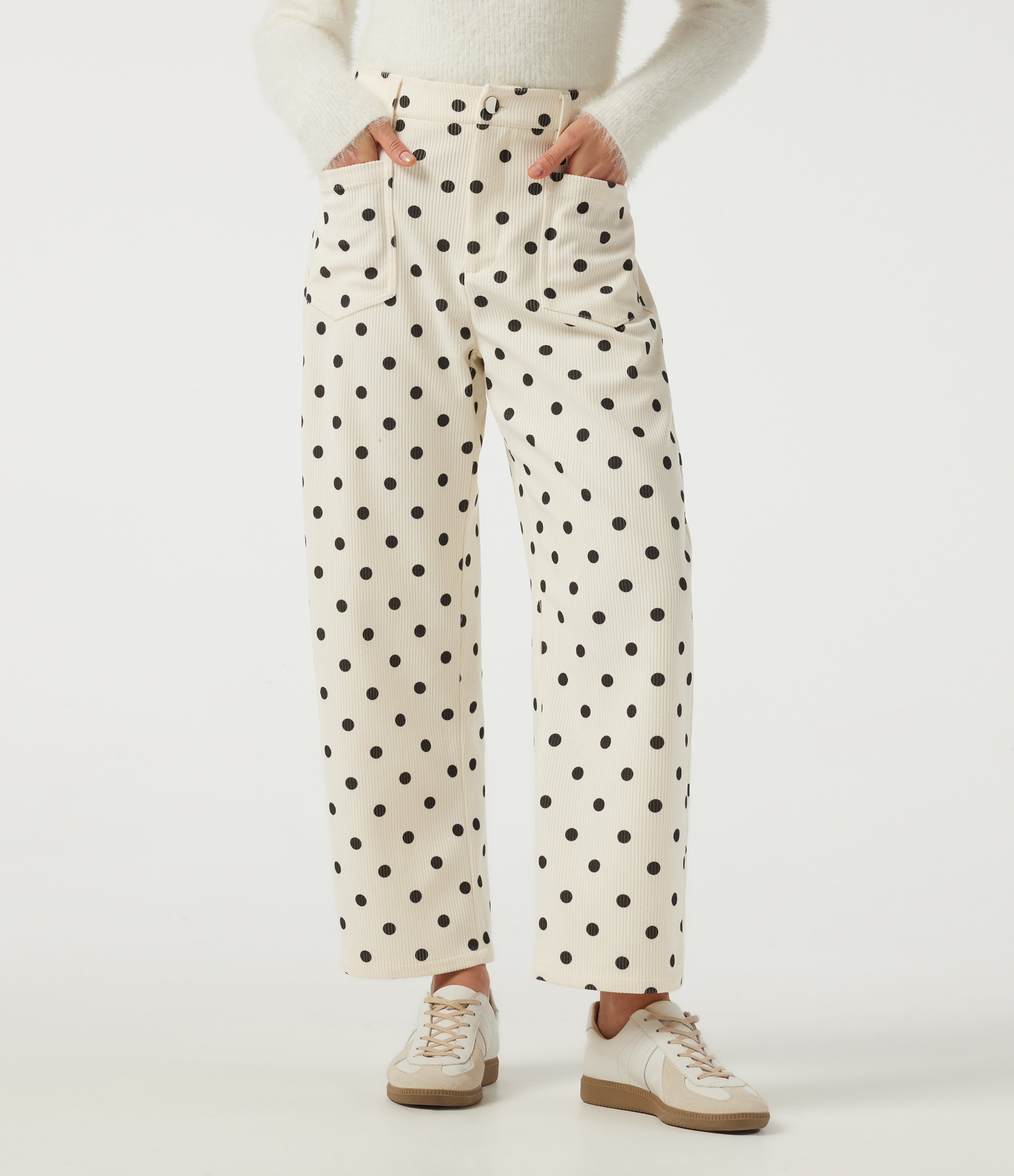 Halara Mid Rise Barrel Leg Polka Dot Corduroy Casual Pants with Pockets  - Prelude Dot - XS(regular) sweatpants jogger pants | HALARA