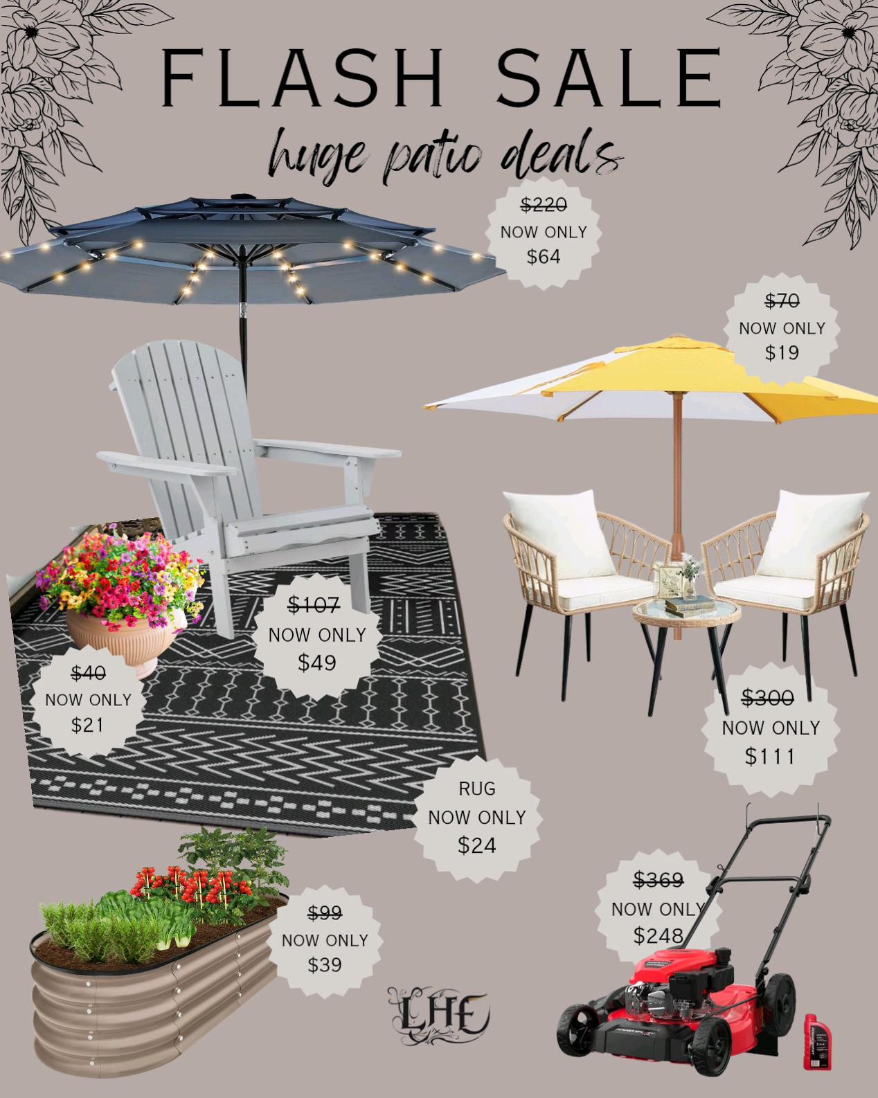Flash sale for your patio or porch this spring! Shop by clicking the thumbnails below 👇... outdoor umbrella, patio, porch, patio furniture, porch furniture, outdoor chair, outdoor chairs, outdoor faux flowers, Faux florals, outdoor rug, patio rug, porch rug, lawn mower, raised garden, raised garden bed, outdoor living, bistro set, Adirondack chair, affordable outdoor furniture, walmart sale, flash sale, outdoor sale, patio sale, porch sale

#LTKHome #LTKSaleAlert #LTKSeasonal