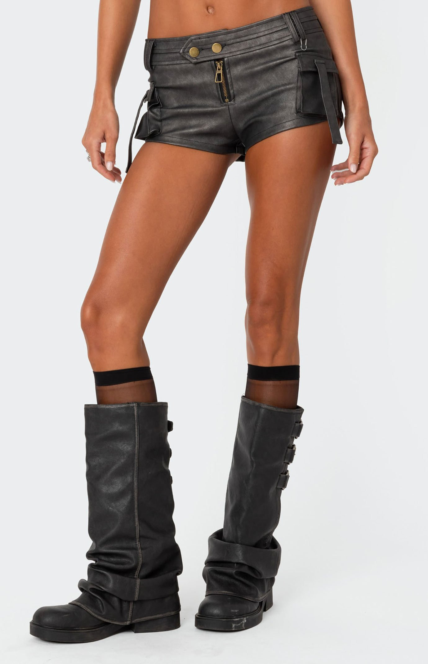 Edikted Women's Washed Faux Leather Micro Cargo Shorts in Washed Black - Size Small | PacSun