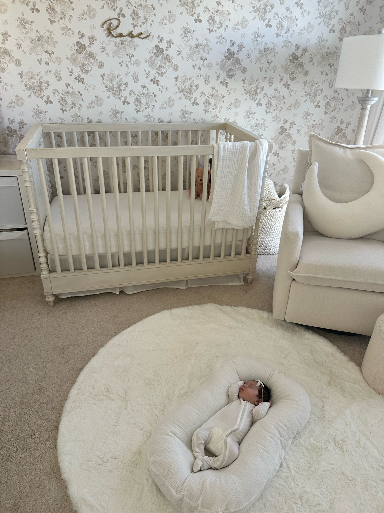 The best peel & stick wall paper for a nursery 🌹🤍 take me back to these newborn days 🥹 

#peelandstickwallpaper #peelandstick #removablewallpaper #DIY #wayfair #LTKmom #nursery #girlnursery #nurserydetails #neutralnursery #nurserymusthaves 