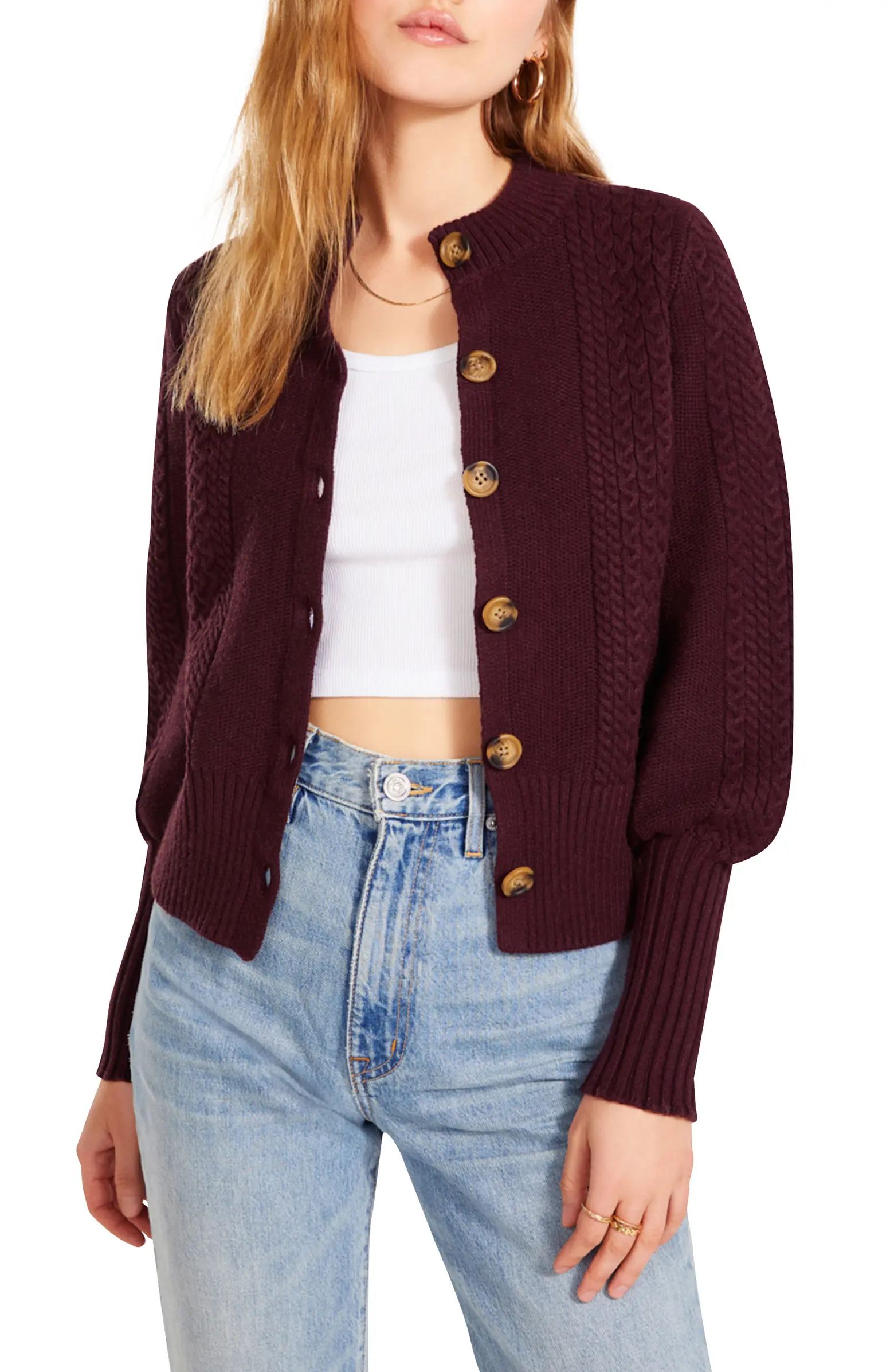 BB Dakota by Steve Madden Story Time Puff Sleeve Cable Knit Cardigan | Nordstrom | Nordstrom