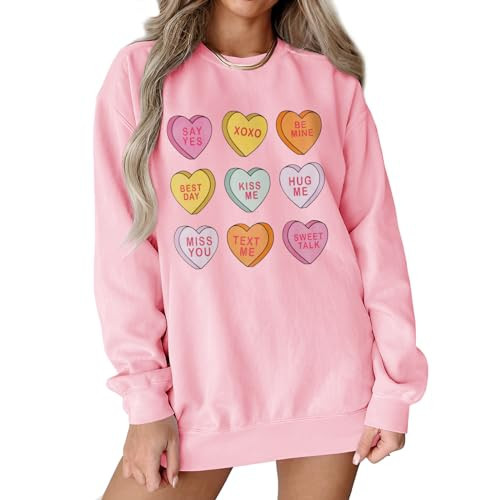 GLIGLITTR Women Valentine Sweatshirt Love Heart XOXO Funny Conversation Heart Graphic Shirt Tops Crewneck Oversized Outfit(Pink,Medium) | Amazon (US)