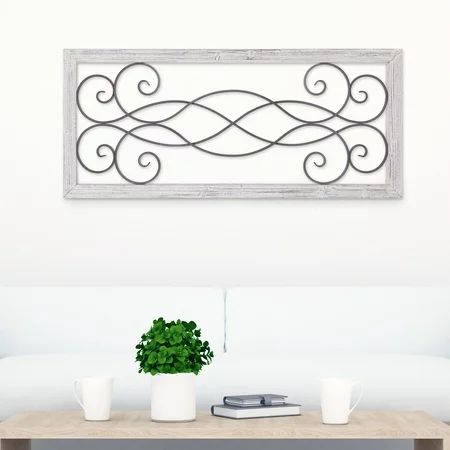 Patton Wall Decor Rustic White Washed Wood and Metal Decorative Scroll Wall Decor | Walmart (US)