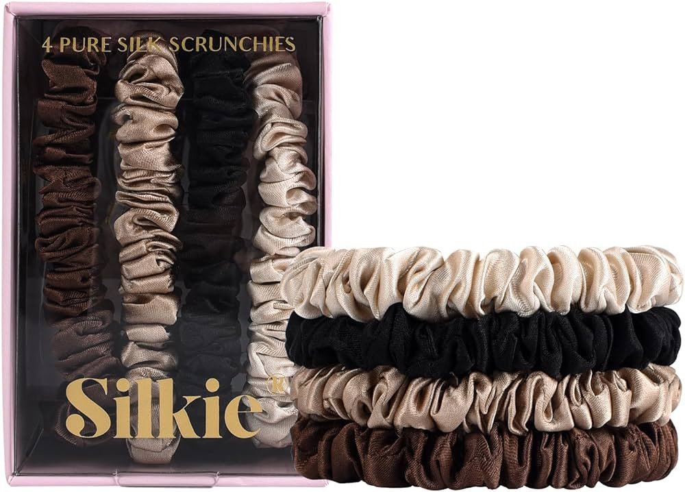 SILKIE x4 Set 100% Pure Mulberry Silk Black Brown Skinny Scrunchies Travel Pouch Everyday Hair Ti... | Amazon (US)