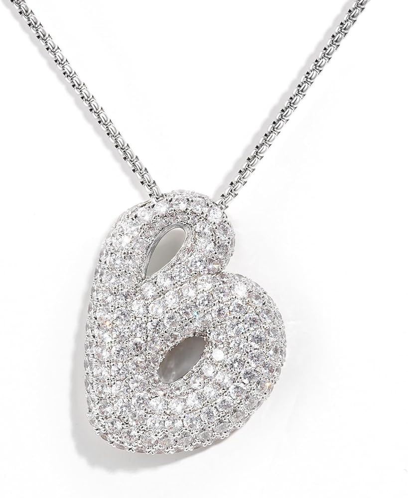 KissYan Bubble Letter Necklace 14K Gold Plated Box Chain Necklace Pave CZ Gift for Women | Amazon (US)
