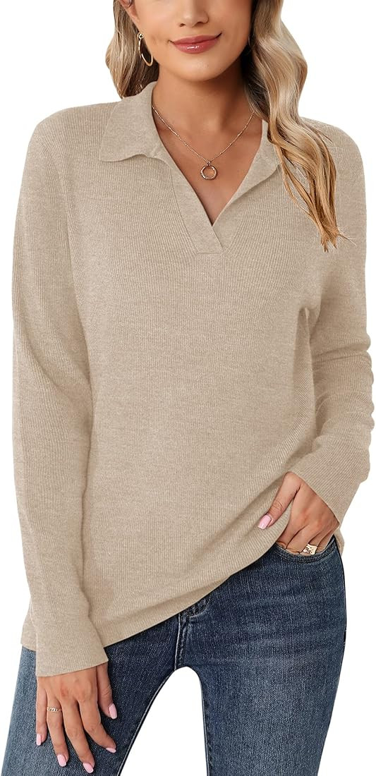 Romanstii Women's Knitted Collared Sweaters Long Sleeve V-Neck Polo Shirts Winter Pullover Tops | Amazon (US)