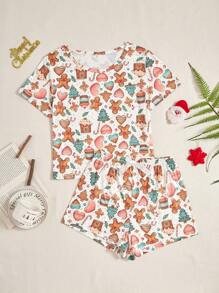 Cartoon Christmas Element Print Short Sleeve Shorts Set | SHEIN