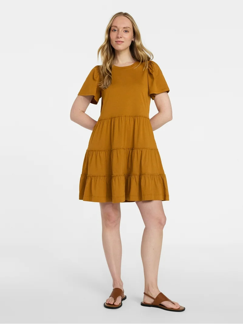 Time and Tru Women's and Women’s Plus Cotton Swing Dress with Short Sleeves, Sizes XS-4X | Walmart (US)