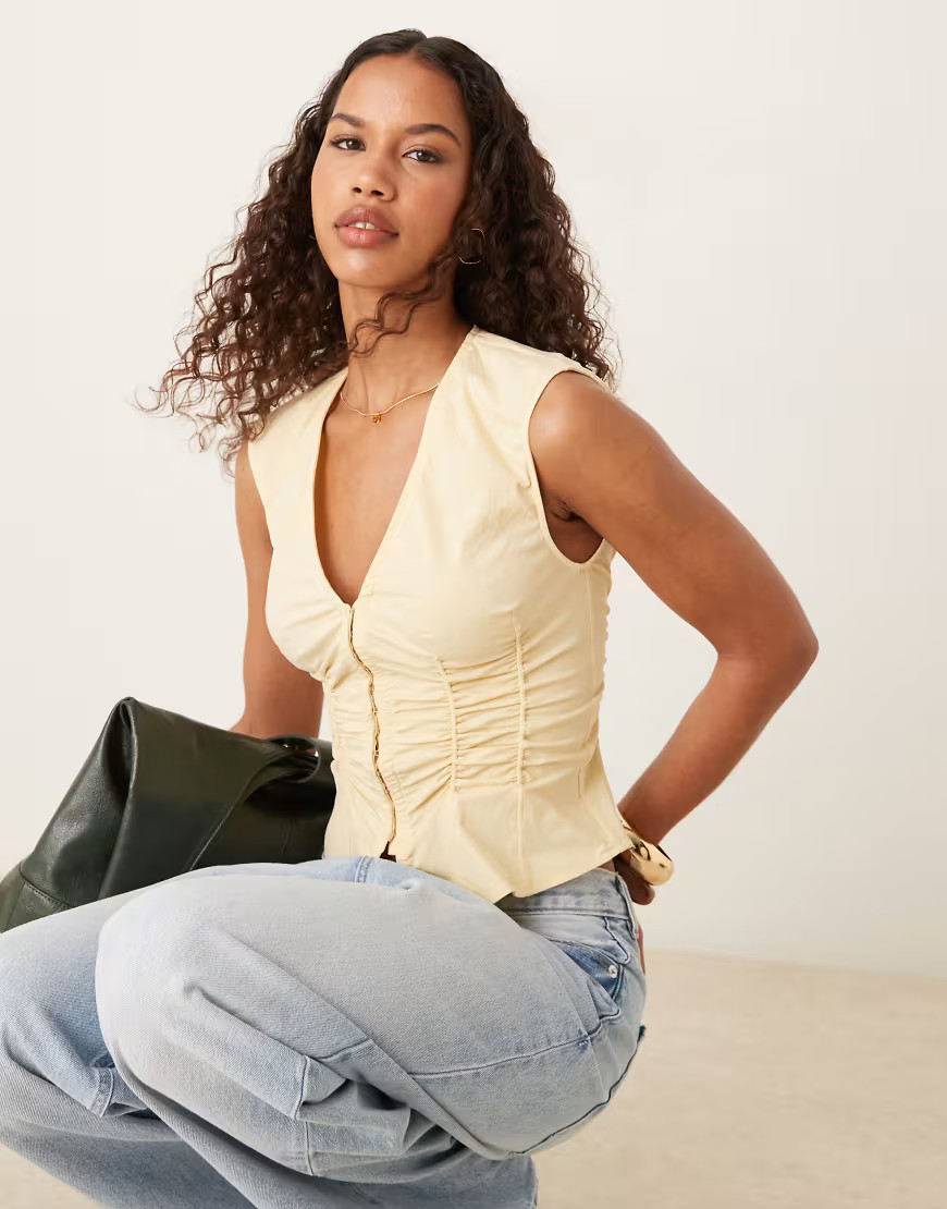 Mango zip through ruched sleeveless blouse in pastel yellow | ASOS (Global)