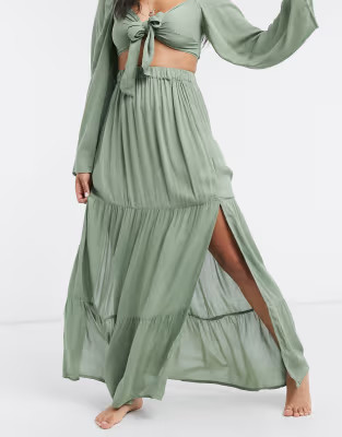 ASOS DESIGN tiered maxi beach skirt two-piece in khaki | ASOS (Global)