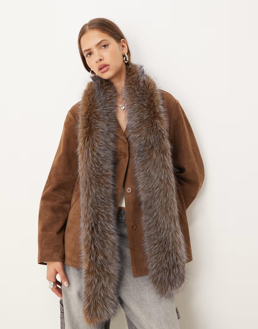 ASOS DESIGN faux tipped fur scarf in brown-Purple | ASOS (Global)