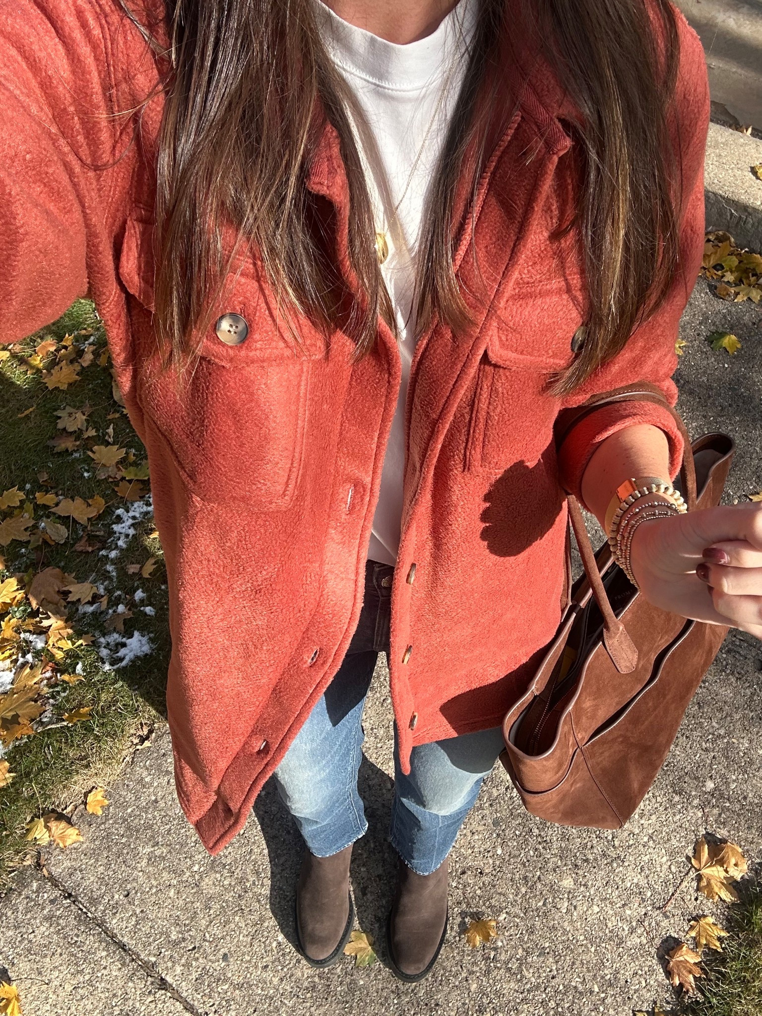 Today’s outfit. This fleece shacket is the softest ever! Wearing a medium. 