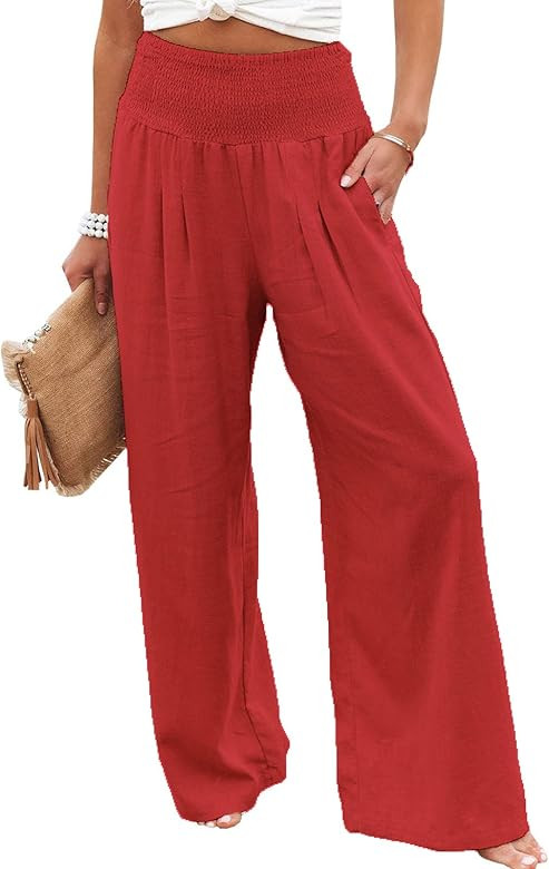 Women Cotton Linen Pants Loose Beach Elastic High Waist Casual Wide Leg Palazzo Yoga Lounge Trousers | Amazon (US)