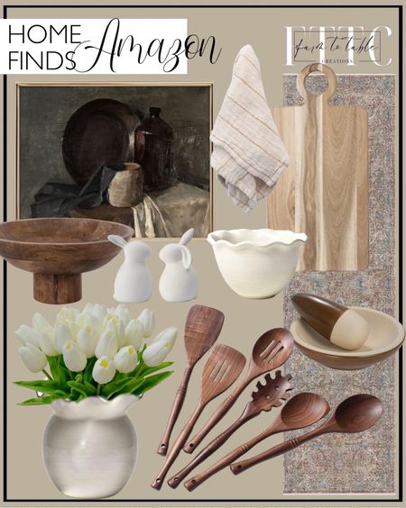 Amazon Home Finds. Follow @farmtotablecreations on Instagram for more inspiration.

Signature White Ruffle Vase. Coton Colors Signature White Ruffle 6in Bowl. Bloomingville Rectangular Acacia Wood Cutting Board Tray with Circle Handles, Natural. Bloomingville Mango Wood Footed, Walnut Finish Bowl. Bloomingville Square Double Cotton, Cream and Taupe Patterned Set of 4 Napkins. Vintage Still Life Wall Art - Antique Art Prints for Home Decor - Rustic Farmhouse Botanical Floral. Bloomingville, Brown Stoneware Mortar and Pestle with Reactive Glaze, Cream, Small. Gudamaye 12 inch Black walnut Wooden Utensils for Cooking. Well Woven Asha Collection Elegant Beige & Blue Oriental 3x10 Runner Rug. Mandy's 28pcs Cream Artificial Tulip Silk Fake Flowers. Amazon Home Finds. Amazon Decor. Affordable Home Decor. Amazon Kitchen Finds. GOODSTART Ceramic White Rabbit. 

#LTKsalealert #LTKfindsunder50 #LTKhome
