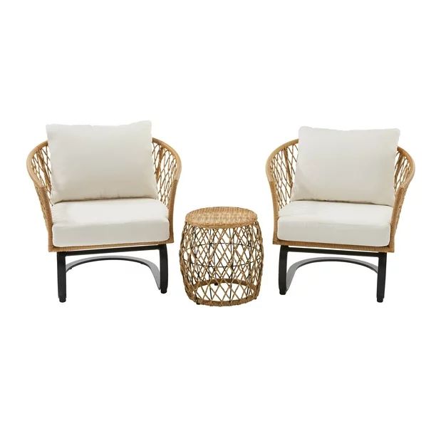 Better Homes & Gardens Ventura 3-Piece White Outdoor Boho Wicker Chat Set, Wicker Frame - Walmart... | Walmart (US)