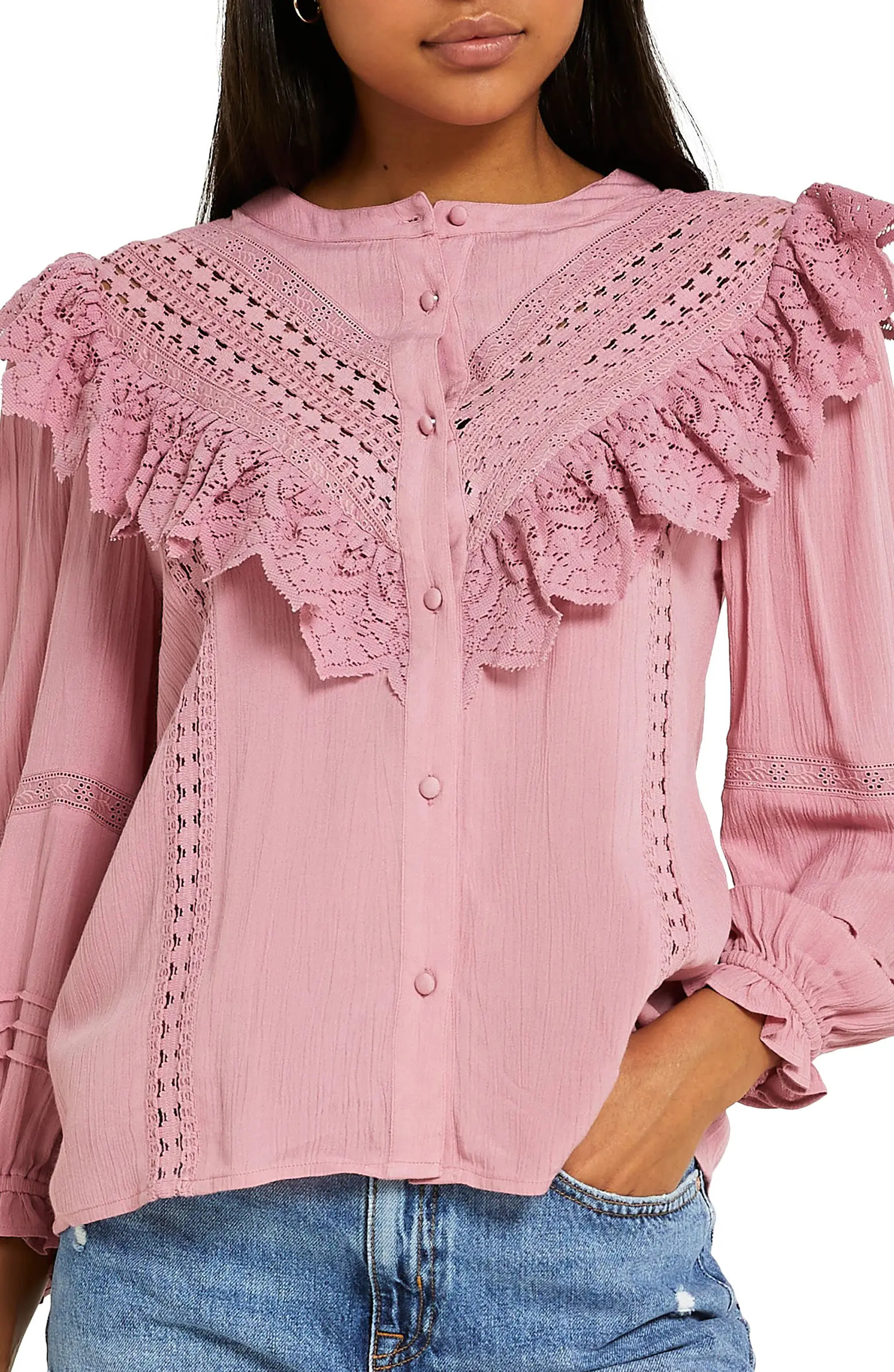 River Island Dark Lace Frill Blouse | Nordstrom | Nordstrom