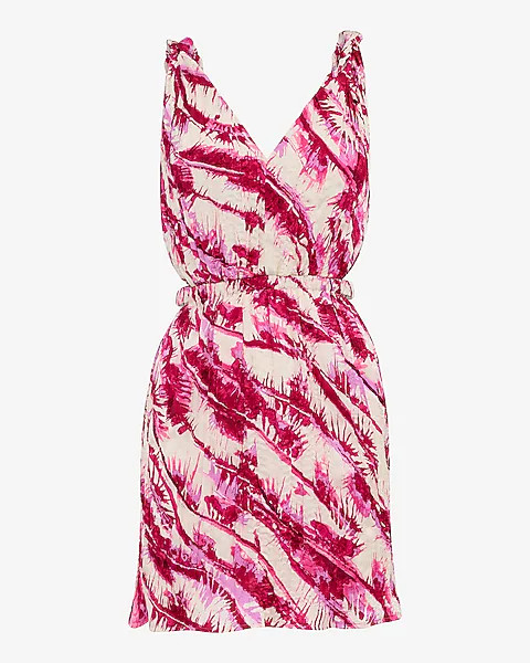Satin Textured Printed V-neck Cutout Mini Dress With Pockets | Express