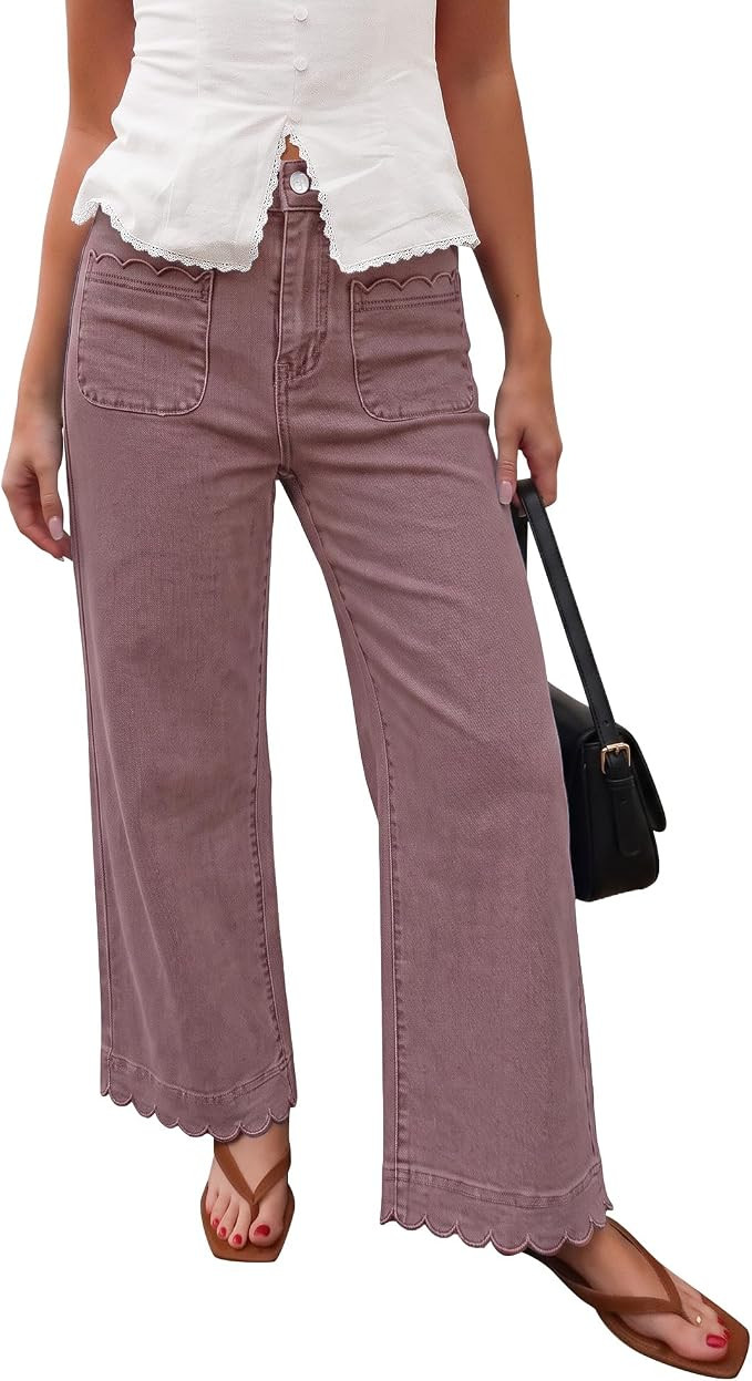 GRAPENT Jeans for Women Scalloped Straight Leg Ankle Stretchy Denim Pants | Straight Wide Leg Jea... | Amazon (US)