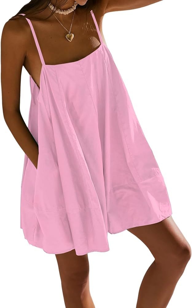 Fisoew Womens Oversized Spaghetti Strap Mini Dress Sleeveless Flowy Casual Summer Dresses | Amazon (US)
