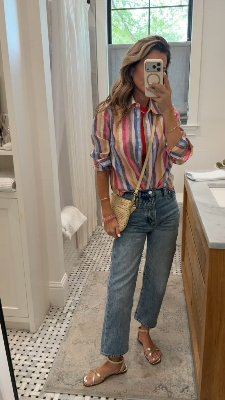 -Linen  button-up XS
-High waisted crop jeans TTS Code TAMMY15
-Red tank 
-Crossbody bag 
-metallic flats 


#LTKOver40 #LTKgrwm #LTKootd