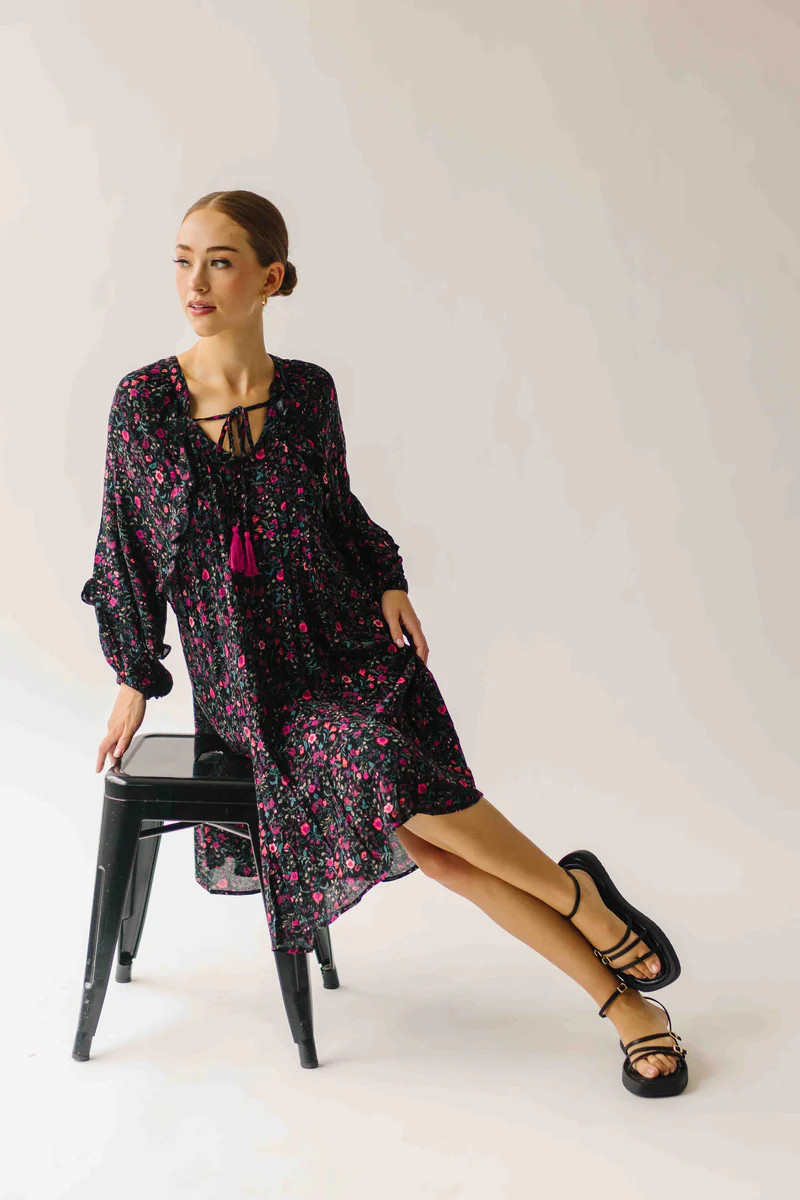 The Kalina Printed Floral Ruffle Dress in Black | Piper & Scoot