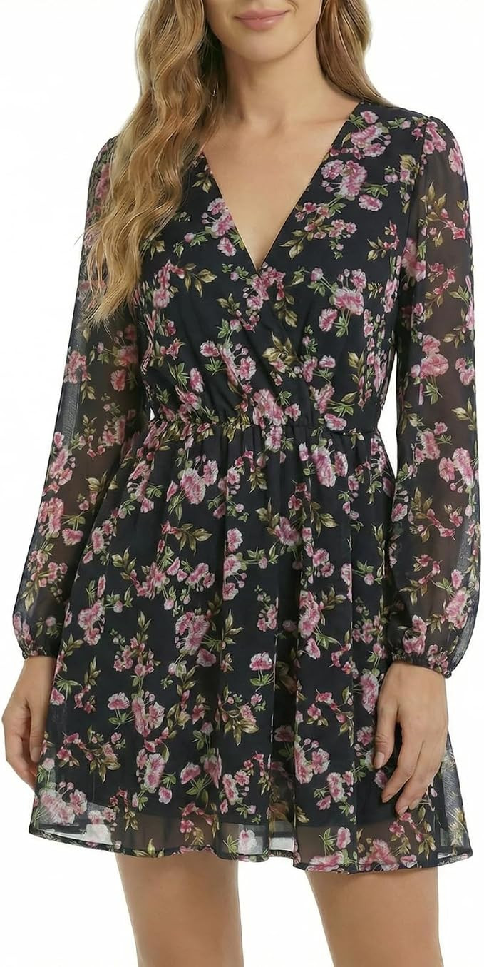 Women's Elegant V-Neck Chiffon Dress - Long Sleeve Flowy Casual Dresses for Spring & Autumn, Holi... | Amazon (US)