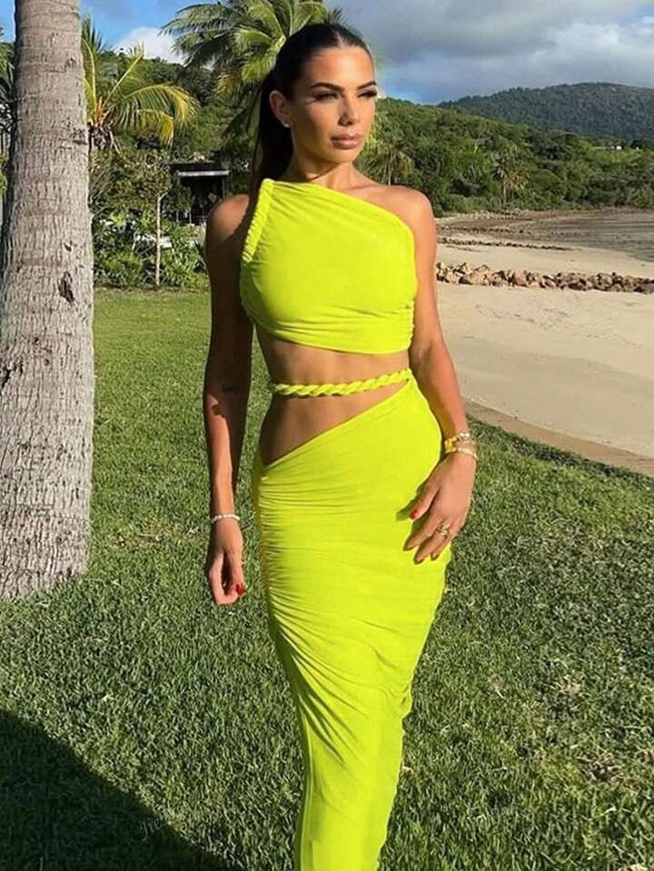 Sexy Hot Girl Sleeveless Slant Shoulder Twisted Strap Low Waist Solid Color Hip Wrap Dress For Wo... | SHEIN