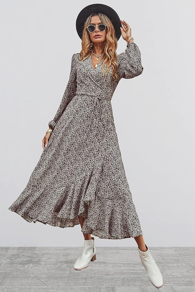 PRETTYGARDEN Women’s Long Sleeve Bohemian Dress V-Neck Floral Print High Split Tie Wrap Midi Flowy D | Amazon (US)