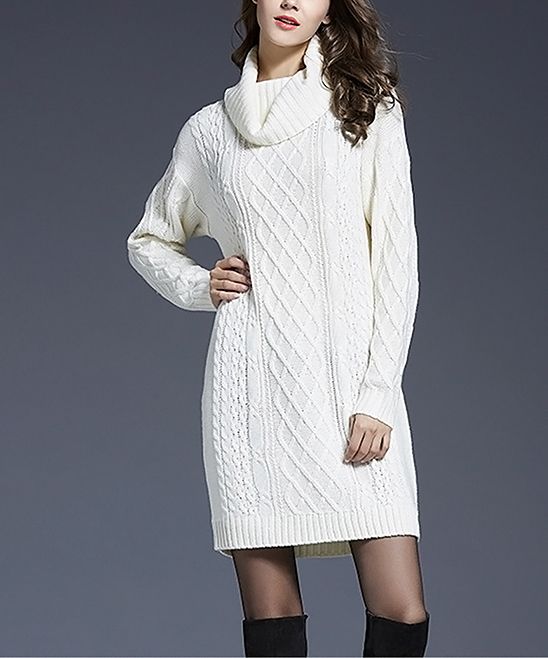 Belle de Jour Women's Sweater Dresses WHITE - White Knit Turtleneck Sweater Dress - Women | Zulily