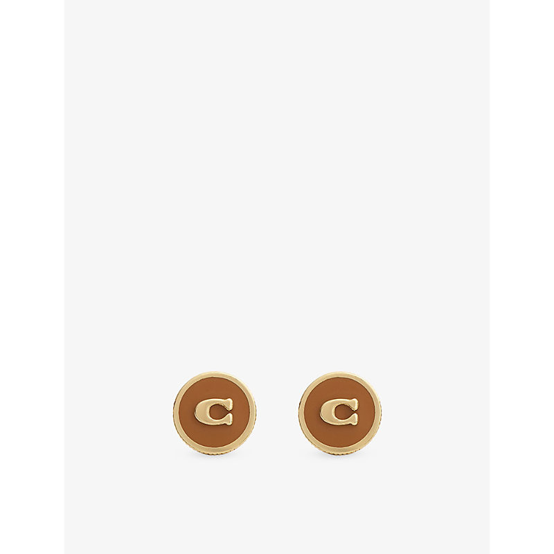 Coach Womens Brown/Gold Signature C Coin Enamel and Gold-Plated Brass Stud Earrings | Selfridges