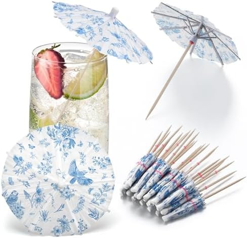 100 Pcs Blue Floral Birds Drink Umbrellas Cocktail Chinoiserie Floral Bluebird Umbrella Drink Sti... | Amazon (US)