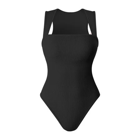 OQQ Women's Bodysuits Sexy Ribbed Strappy Square Neck Sleeveless Tummy Control Tank Tops Bodysuits | Walmart (US)
