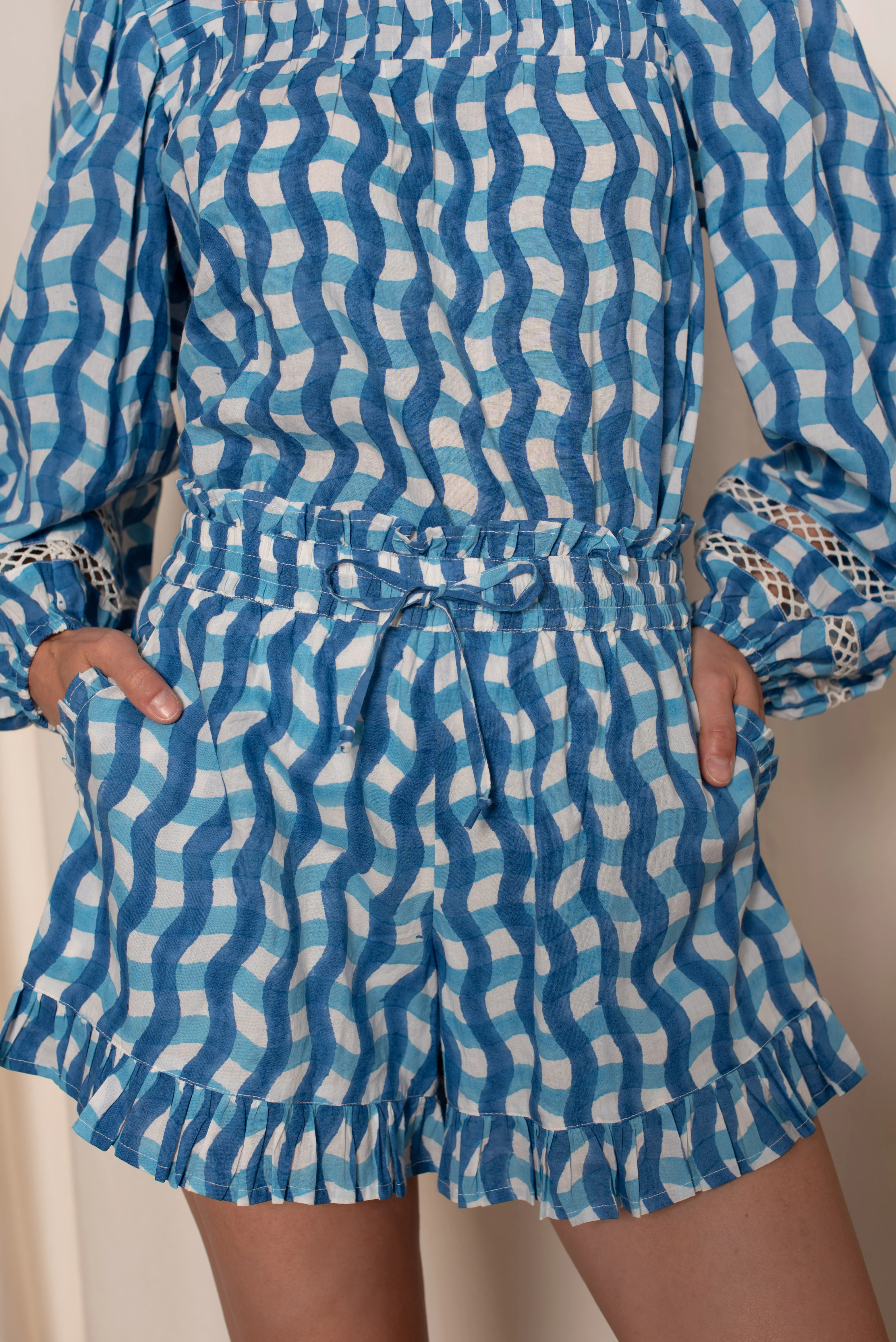 Issy Shorts Blue Zigzag Stripe - OPHELIA & INDIGO | Ophelia & Indigo