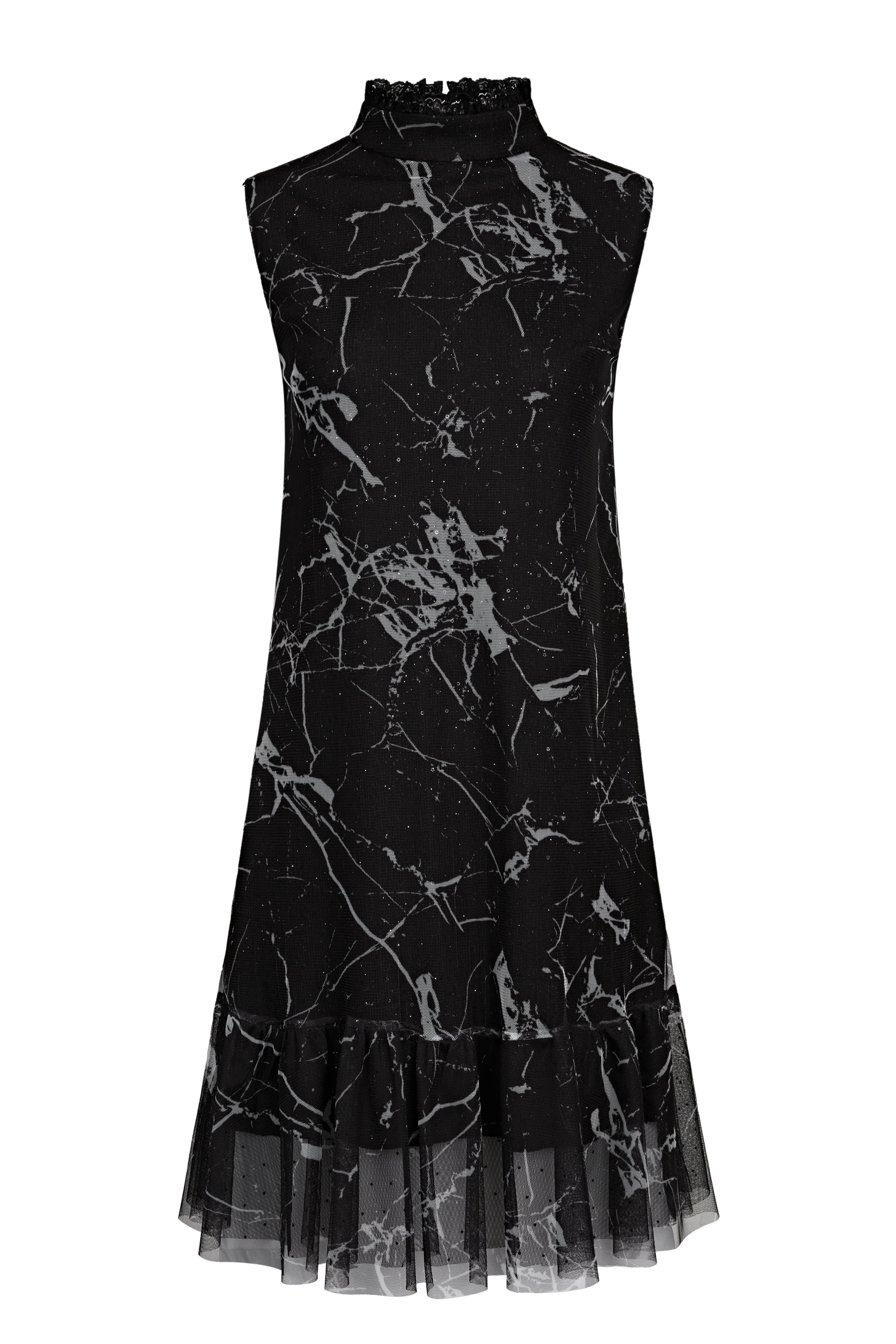 Lace Stand Collar Swirled Mesh Sleeveless Dress | SDEER