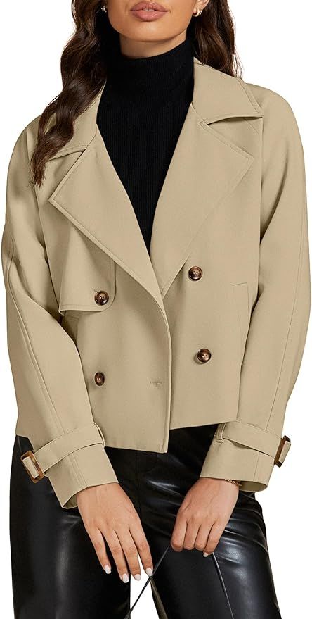 luvamia Cropped Trench Coat for Women Long Sleeve Double Breasted Notched Lapel Casual Loose Fit ... | Amazon (US)