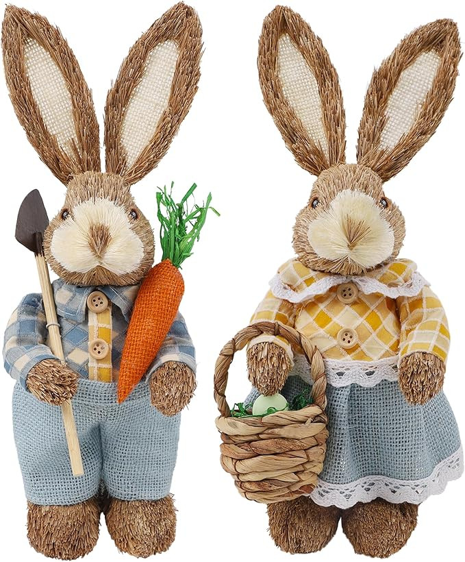 DR.DUDU Set of 2 Easter Decorations 13" Bunny Figurines Tabletop Spring Decor, Rustic Straw Bunny... | Amazon (US)