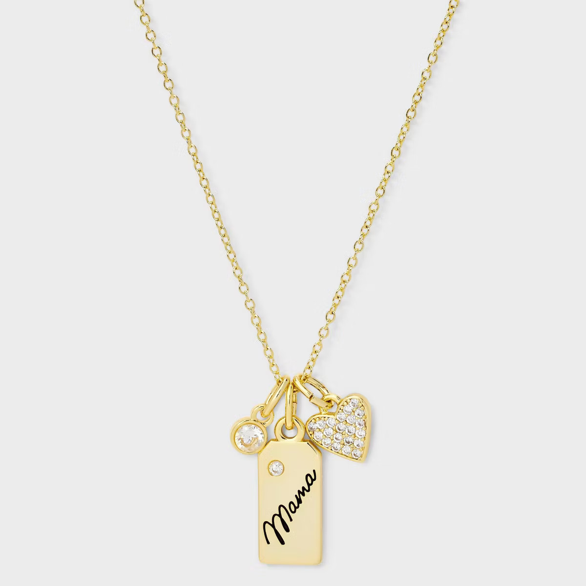 14k Gold Dipped Mama Tag and Cubic Zirconia Heart Charm Necklace - Gold | Target