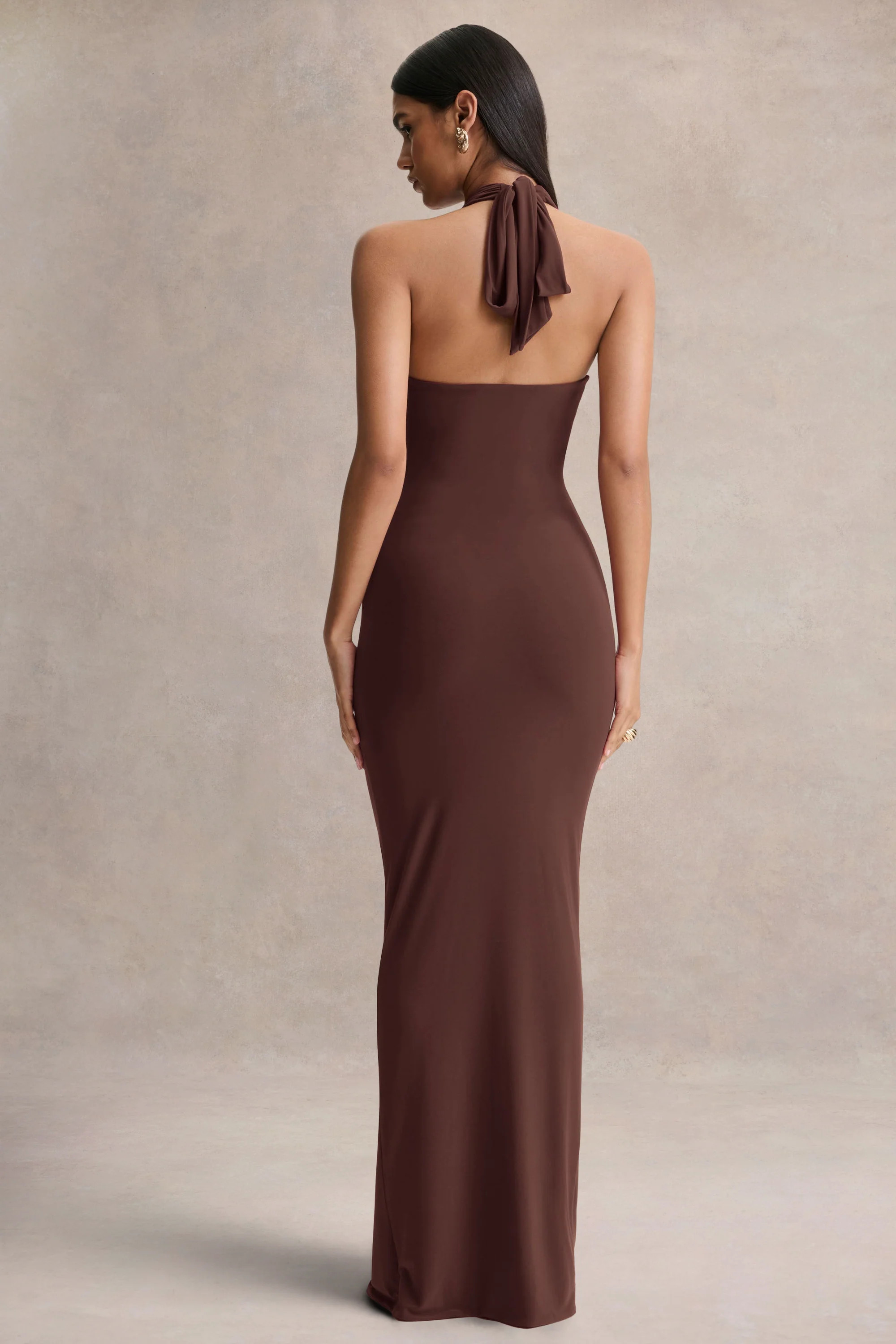 Lesley | Brown Plunge-Neck Maxi Dress | Club L London