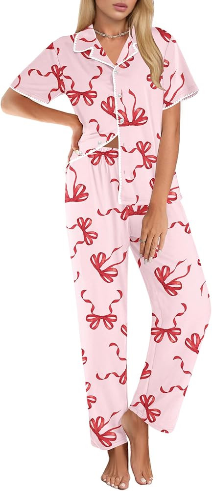 Ekouaer Women's Pajama Sets Button Down Loungewear Short Sleeve Sleepwear 2 Piece Pants Pjs Set w... | Amazon (US)