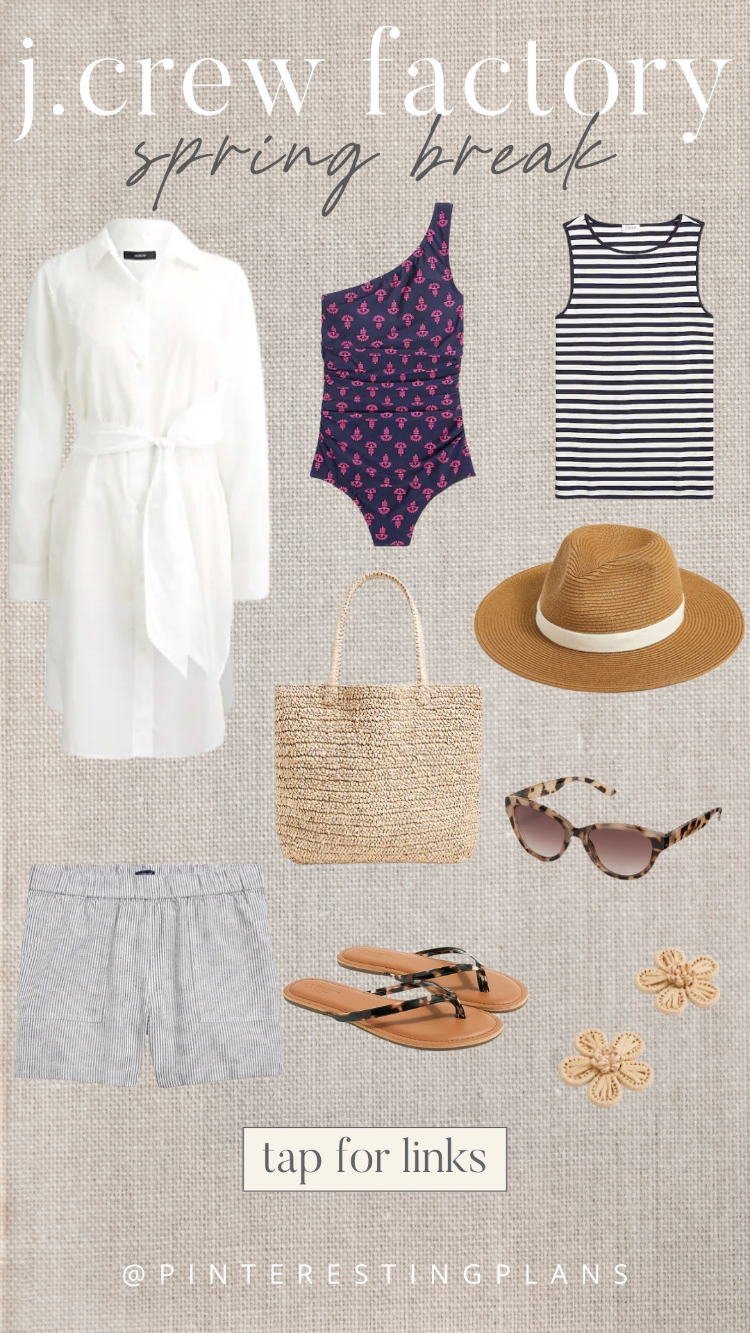 Spring break styles from j. Crew factory
Coverup
Swimsuit
Sun hat
Sunglasses
Sandals
Easy outfit 