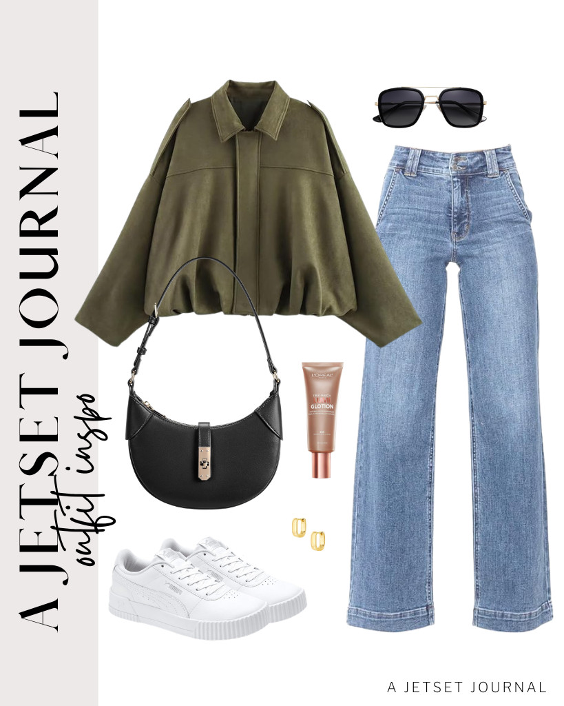 A stylish offers wide-leg straight jeans that pair well with an army green bomber jacket. Completing the look with PUMA Carina leather sneakers and a BOSTANTEN Crescent shoulder bag, which are perfect for this look. 

 #LTKSeasonal #LTKSaleAlert #LTKTravel