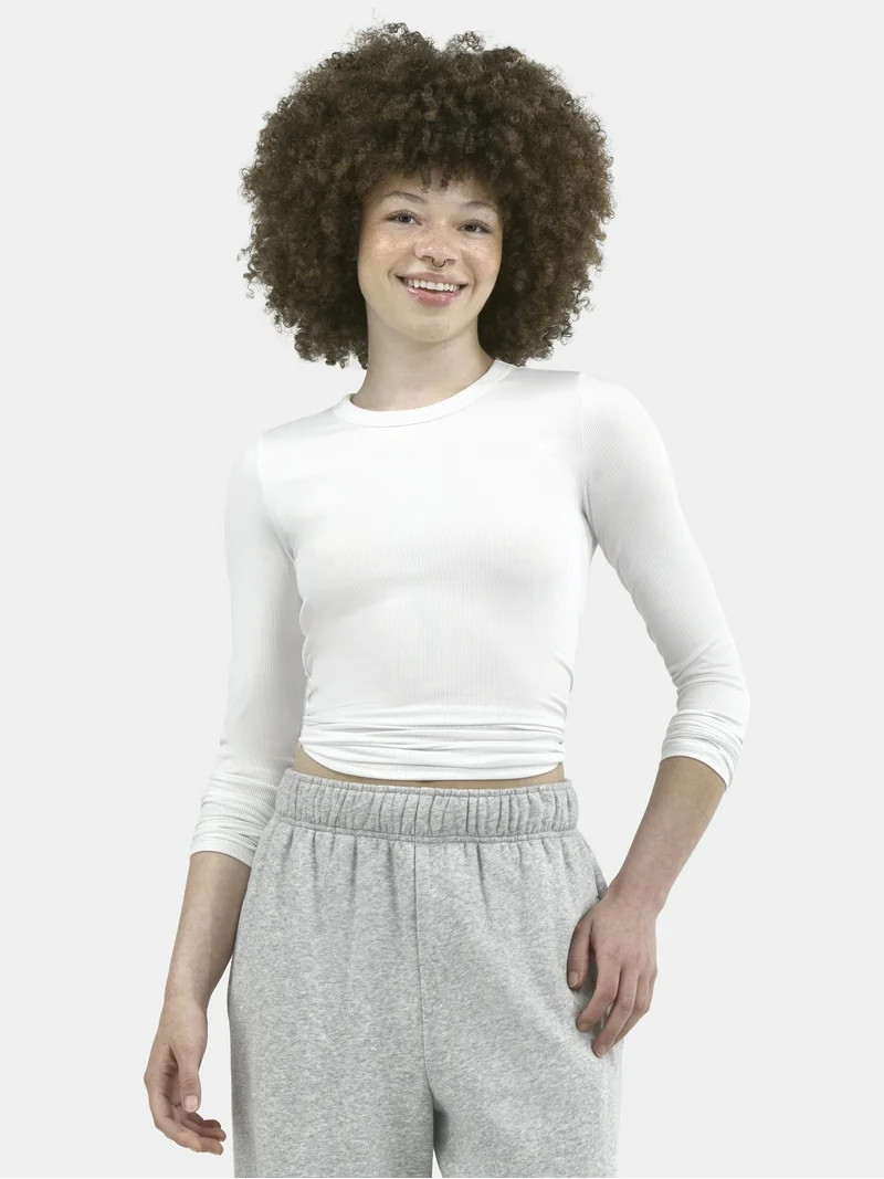No Boundaries Ribbed Crewneck Tee with Long Sleeves, 1 or 2-Pack, Women's | Walmart (US)