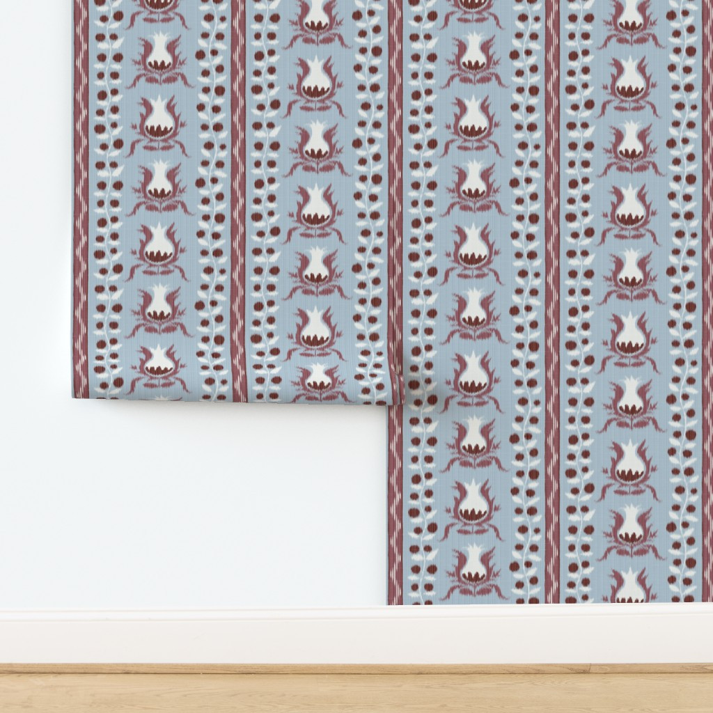 Wallpaper in IKAT POMEGRANATES Burgundy And Sky Blue3 Copy | Spoonflower