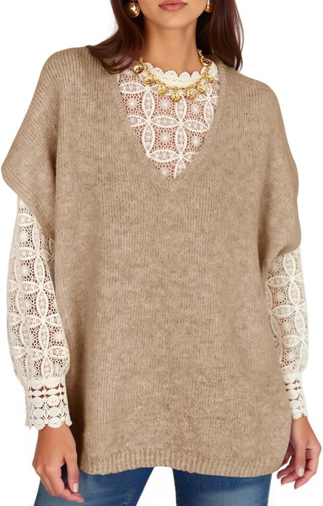 Yousify Womens Oversized Sweater Vest Batwing Short Sleeve V Neck Knit Tops Casual Loose Fit Pull... | Amazon (US)