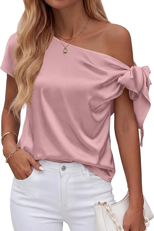 BTFBM Off The Shoulder Tops for Women Summer 2026 Short Sleeve Satin Blouse Shirts Silk Y2K Going... | Amazon (US)